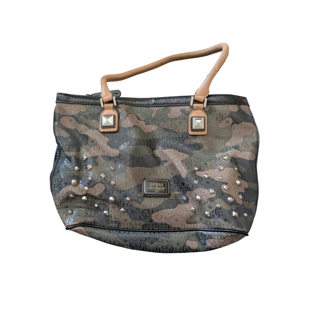 Guess EUC Camo Monogram Studded Tote Bag Green Brown Tan‎ Handbag F4